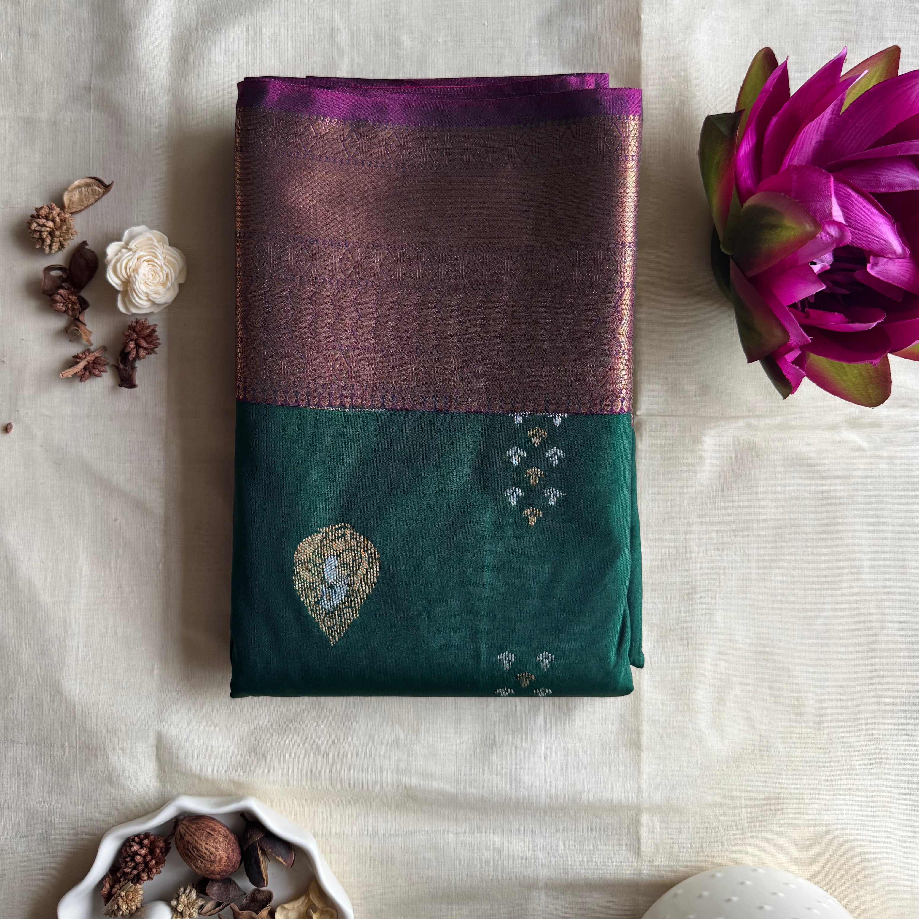 Mrinalini — Bottle Green Handloom Kanchipuram Silk Saree with Peacock Buttas & Purple Zari Border | THRIVYA