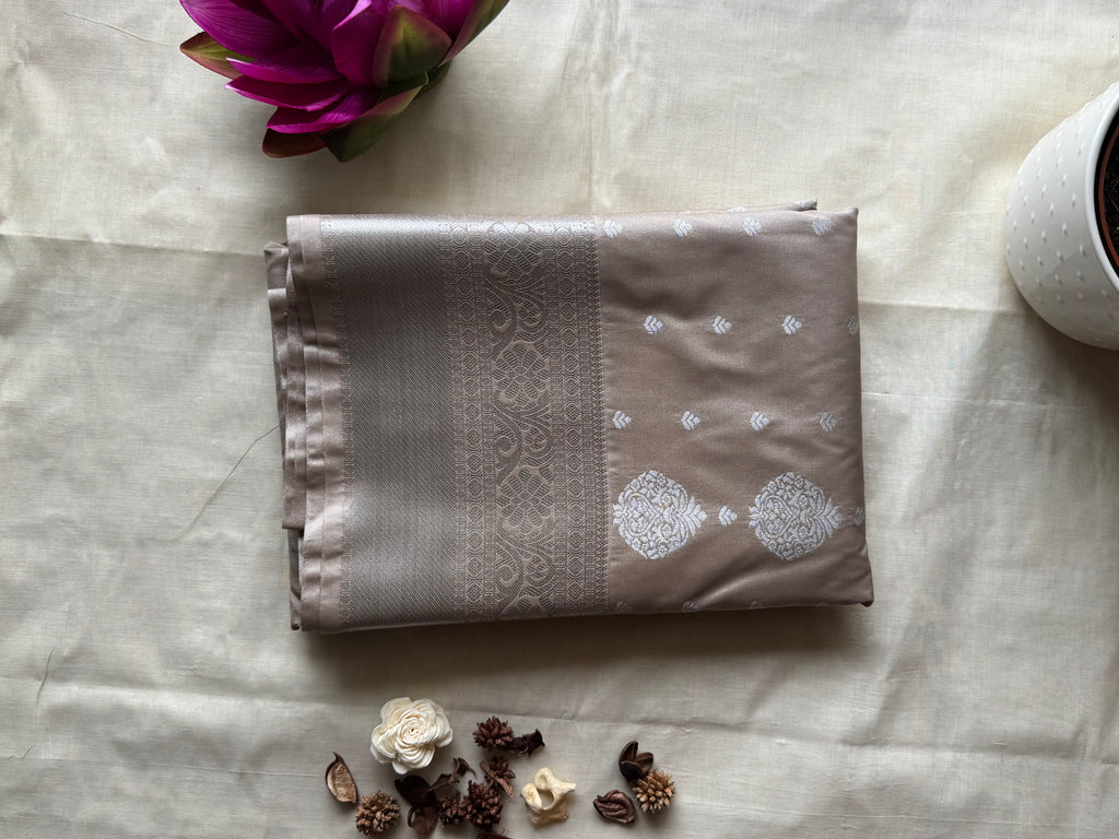 Megha — Grey Handloom Kanchipuram Silk  Saree with Silver Zari Border | THRIVYA