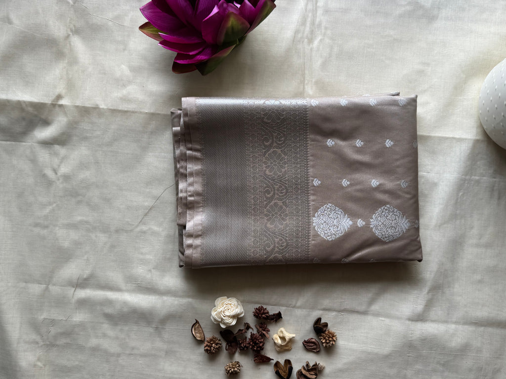 Megha — Grey Handloom Kanchipuram Silk  Saree with Silver Zari Border | THRIVYA