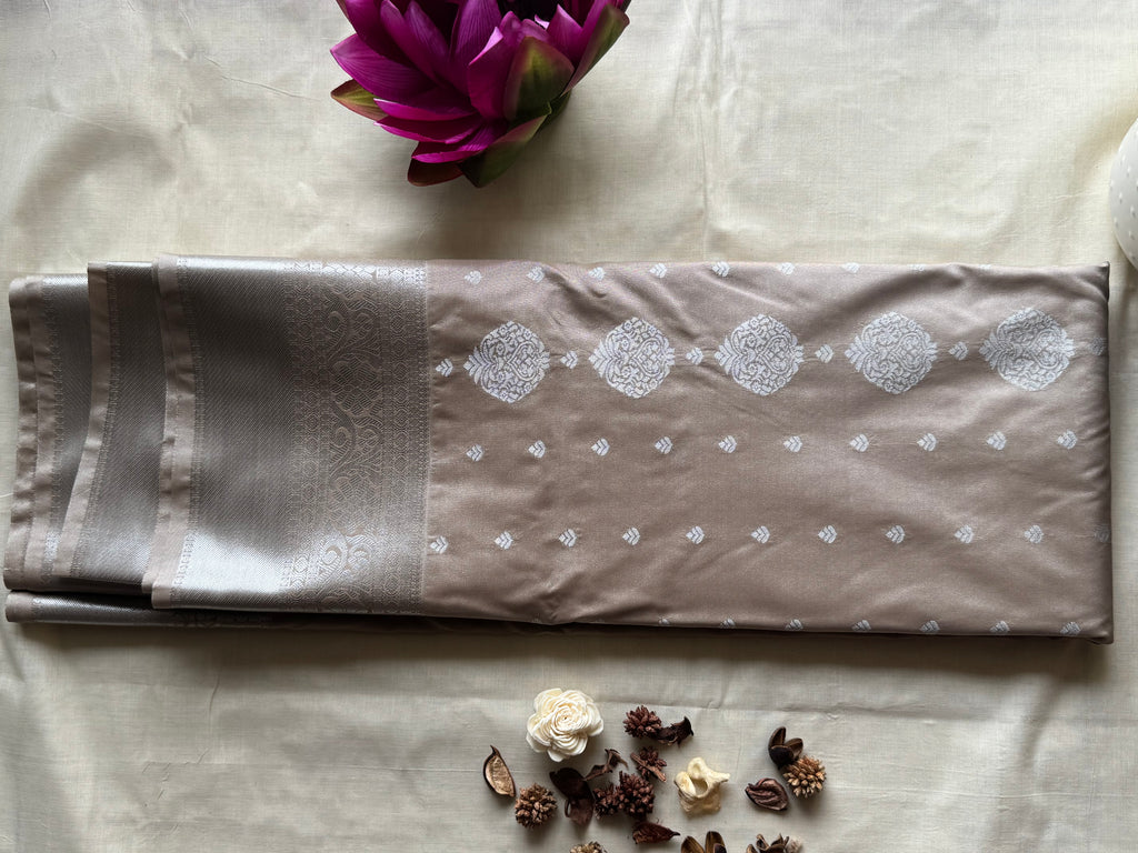 Megha — Grey Handloom Kanchipuram Silk  Saree with Silver Zari Border | THRIVYA