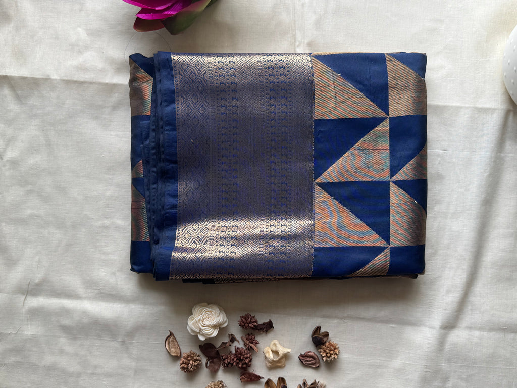 Tara — Royal Blue Handloom Kanchipuram  Silk Saree with Geometric Triangle Weave  & Silver Zari Border | THRIVYA