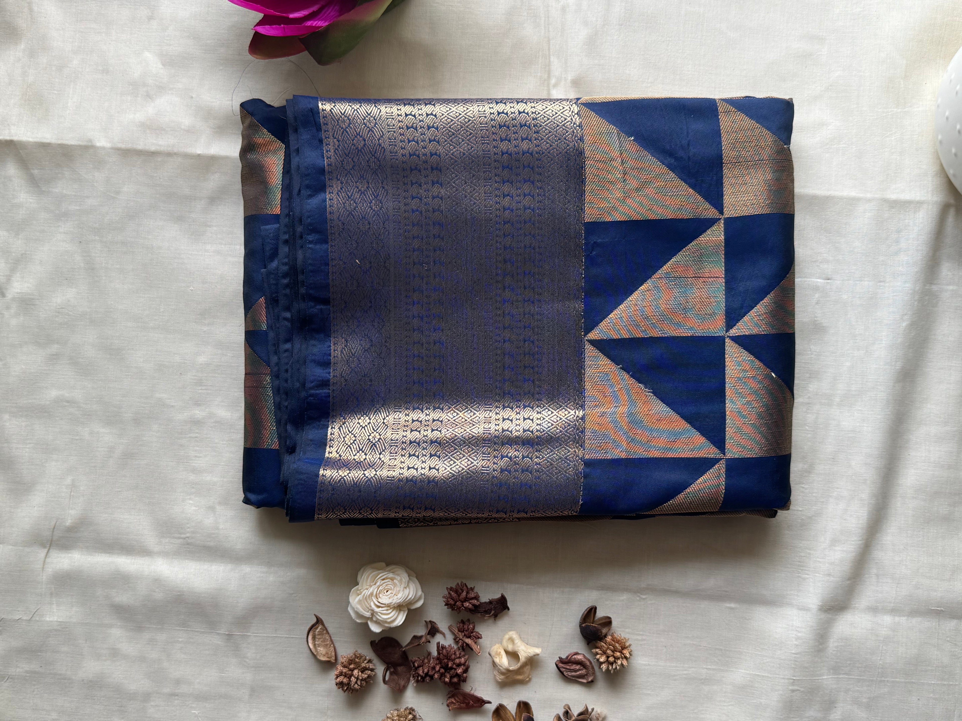 Tara — Royal Blue Handloom Kanchipuram  Silk Saree with Geometric Triangle Weave  & Silver Zari Border | THRIVYA