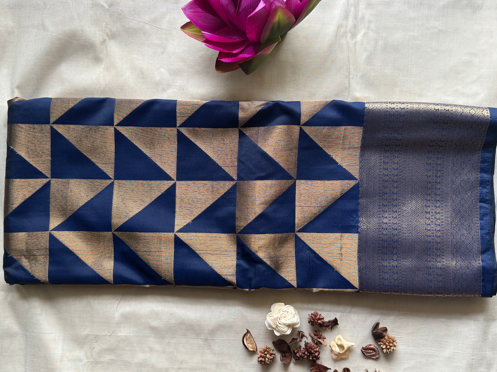 Tara — Royal Blue Handloom Kanchipuram  Silk Saree with Geometric Triangle Weave  & Silver Zari Border | THRIVYA