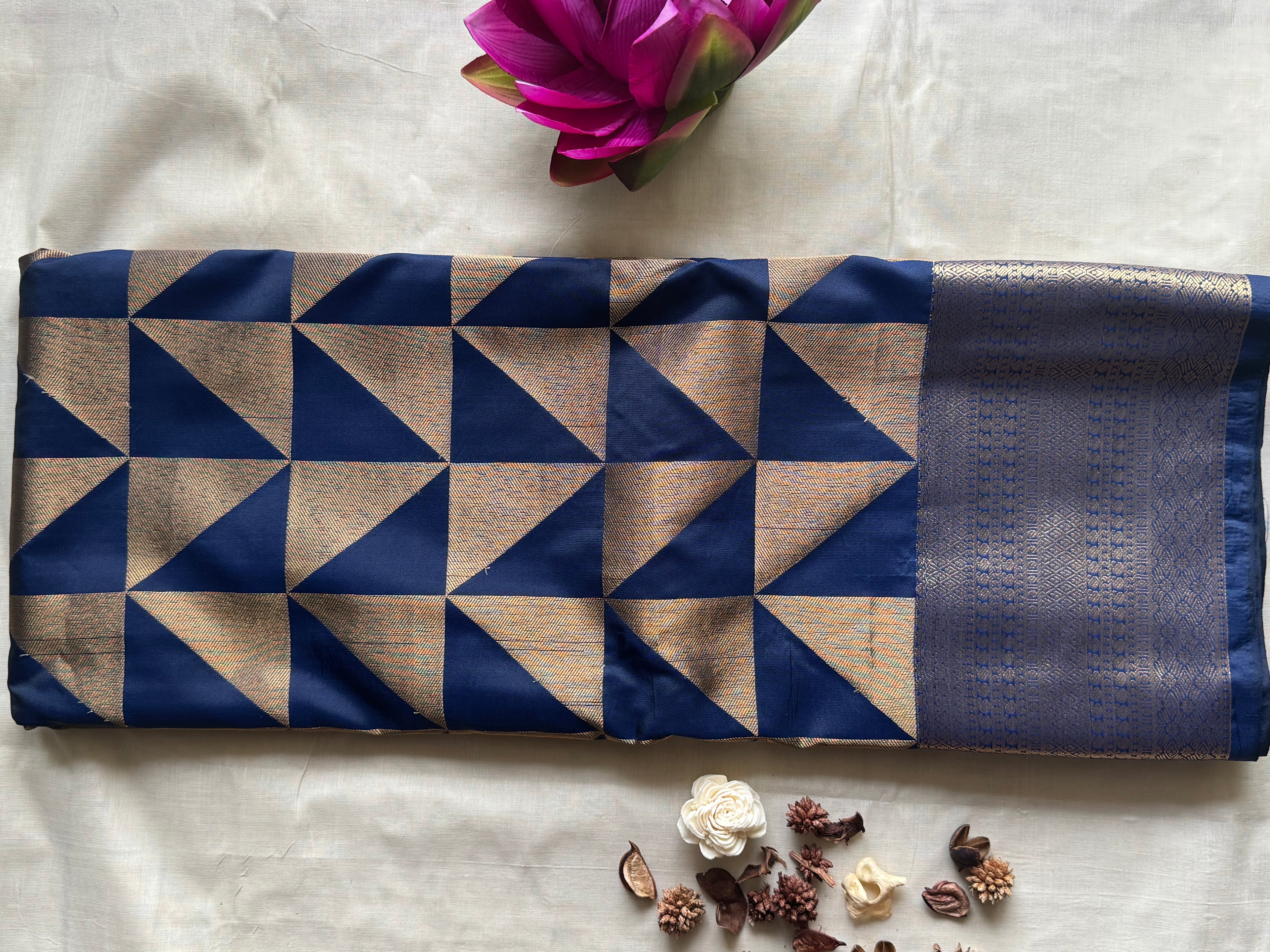 Tara — Royal Blue Handloom Kanchipuram  Silk Saree with Geometric Triangle Weave  & Silver Zari Border | THRIVYA