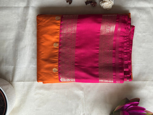 Kesari — Burnt Orange Handloom Kanchipuram Silk Saree with Pink Contrast Border & Gold Zari | THRIVYA