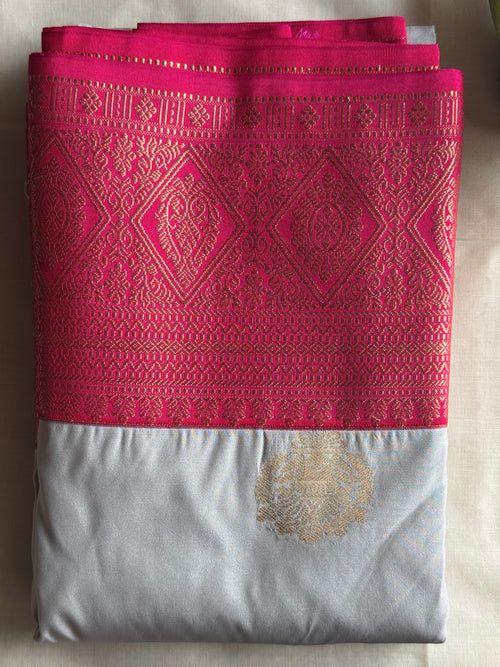 Ishani — Powder Blue Handloom Kanchipuram Silk Saree with Pink Contrast Border & Gold Zari Diamond Weave | THRIVYA