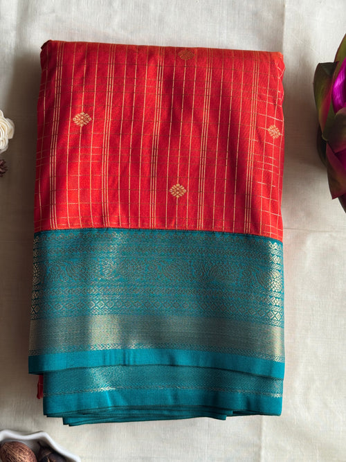Kaveri Brick Red Kanchipuram Silk Saree  with Teal Contrast Border | THRIVYA