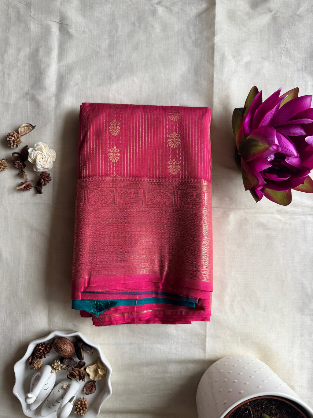 Rohini — Magenta Handloom Kanchipuram  Silk Saree with Gold Stripe & Floral  Buttas | THRIVYA