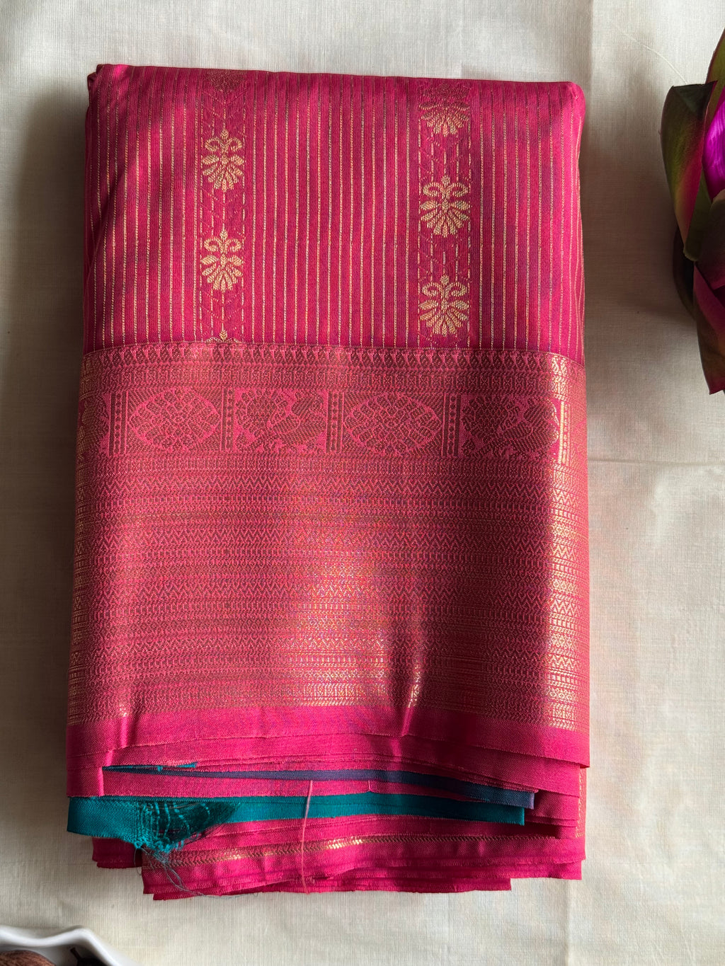 Rohini — Magenta Handloom Kanchipuram  Silk Saree with Gold Stripe & Floral  Buttas | THRIVYA