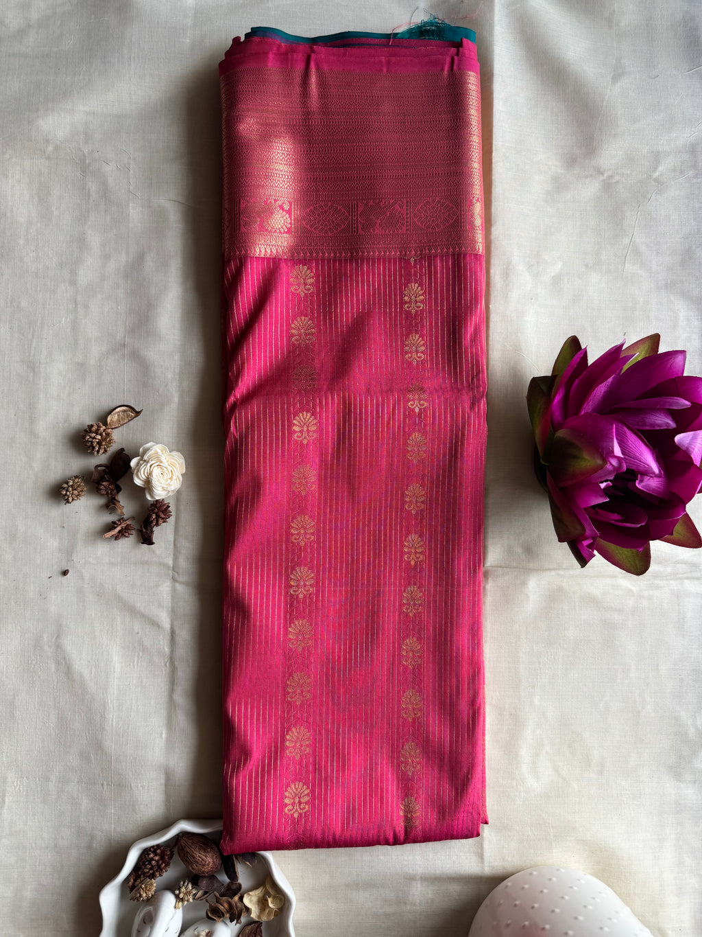 Rohini — Magenta Handloom Kanchipuram  Silk Saree with Gold Stripe & Floral  Buttas | THRIVYA