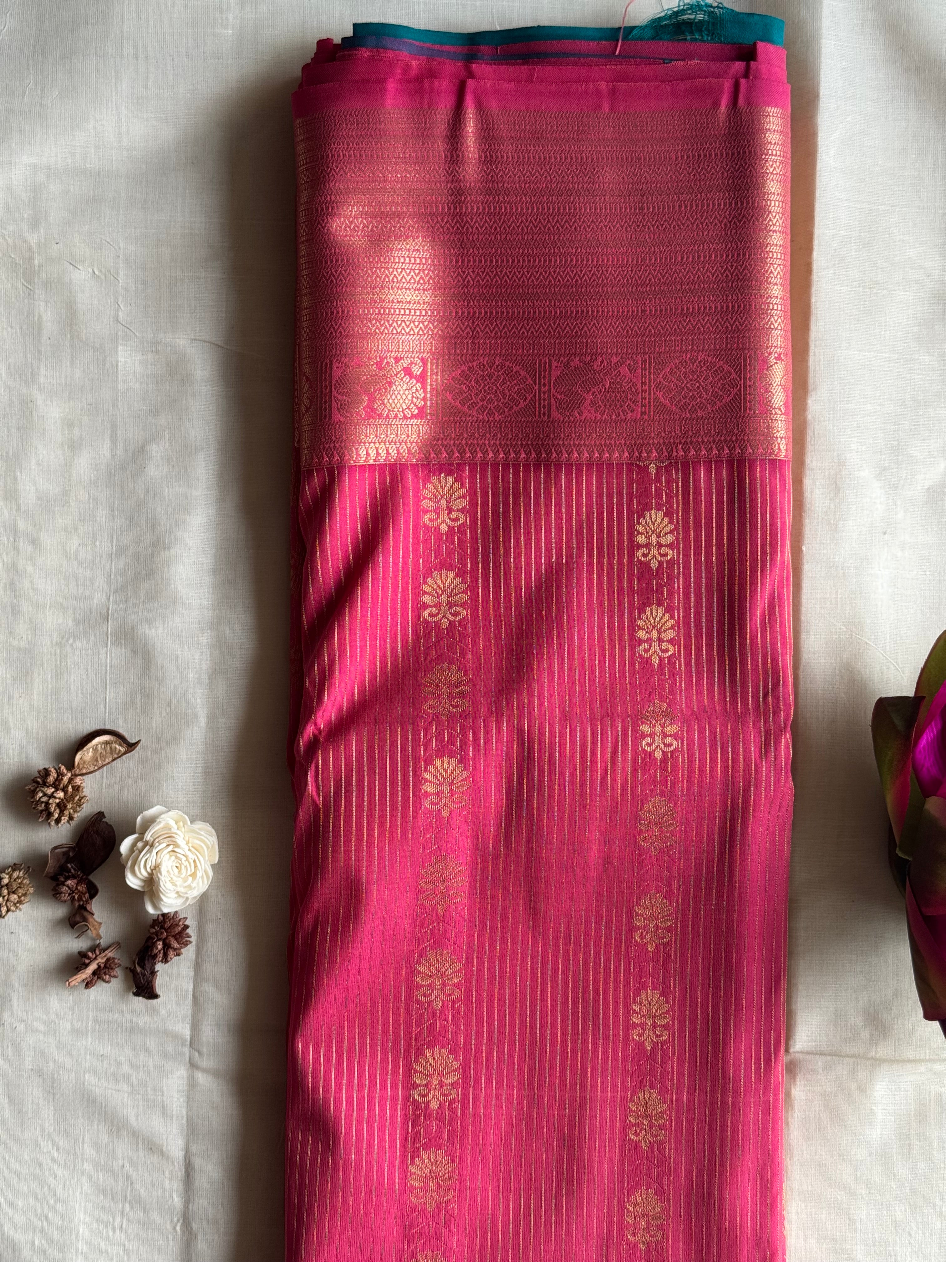 Rohini — Magenta Handloom Kanchipuram  Silk Saree with Gold Stripe & Floral  Buttas | THRIVYA
