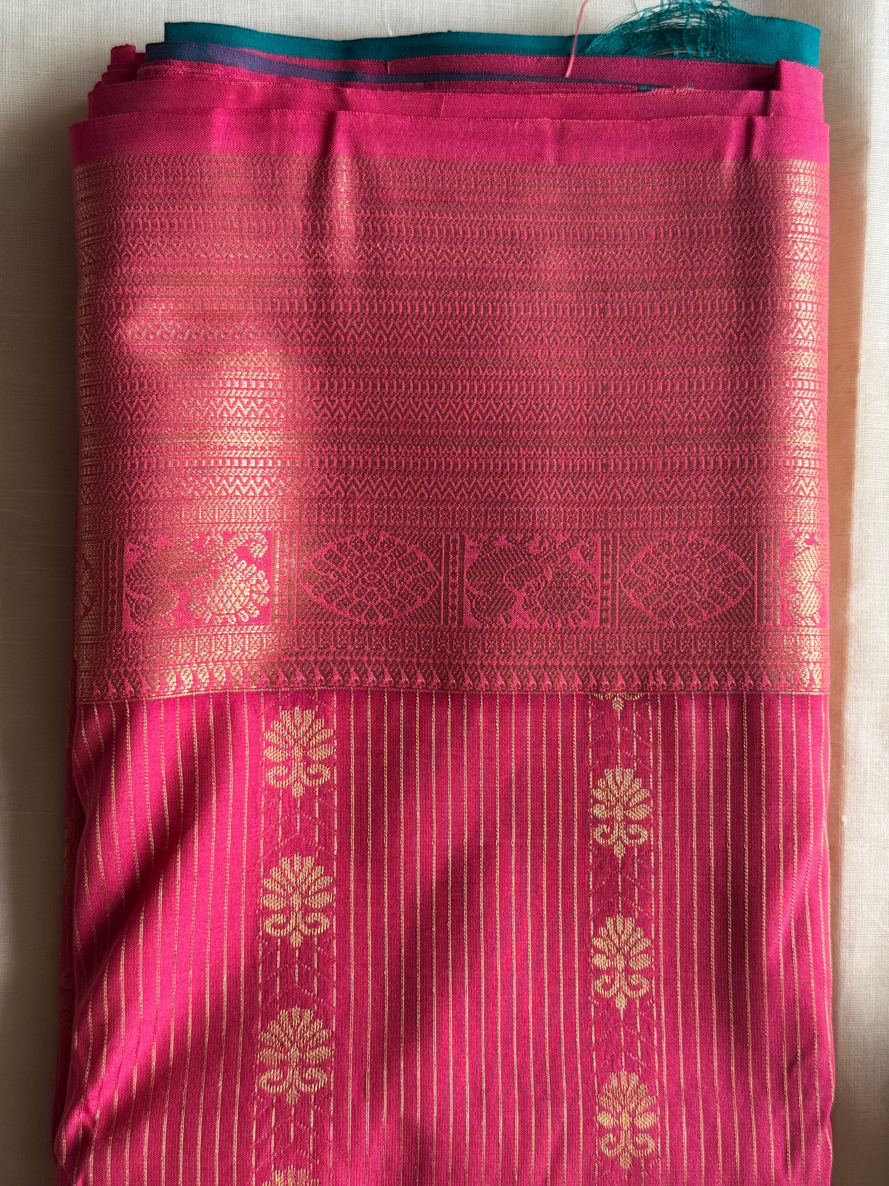 Rohini — Magenta Handloom Kanchipuram  Silk Saree with Gold Stripe & Floral  Buttas | THRIVYA