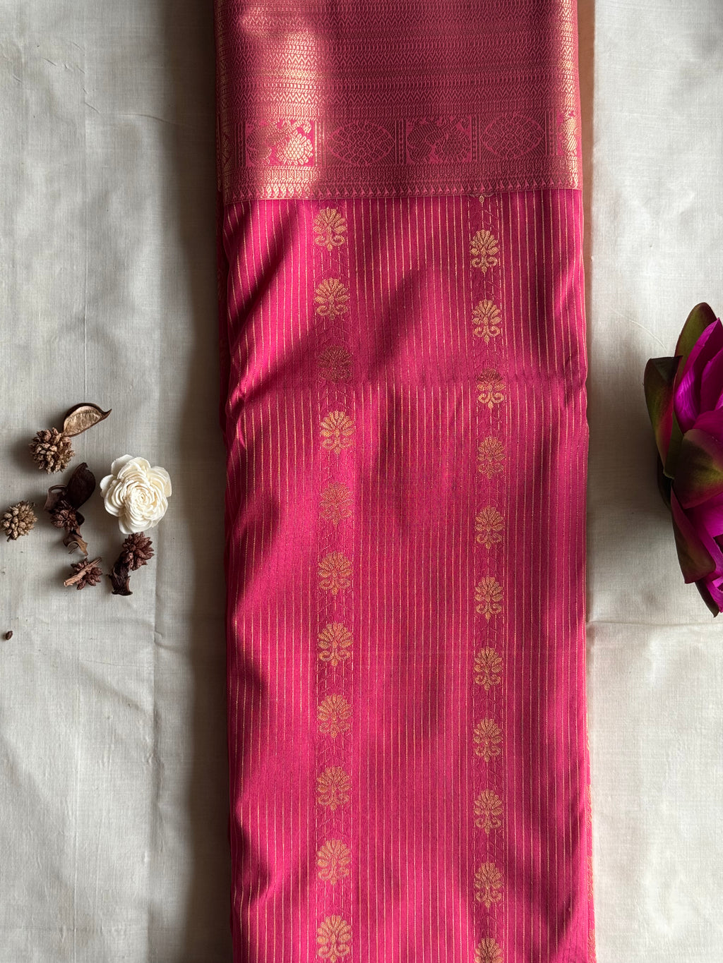 Rohini — Magenta Handloom Kanchipuram  Silk Saree with Gold Stripe & Floral  Buttas | THRIVYA