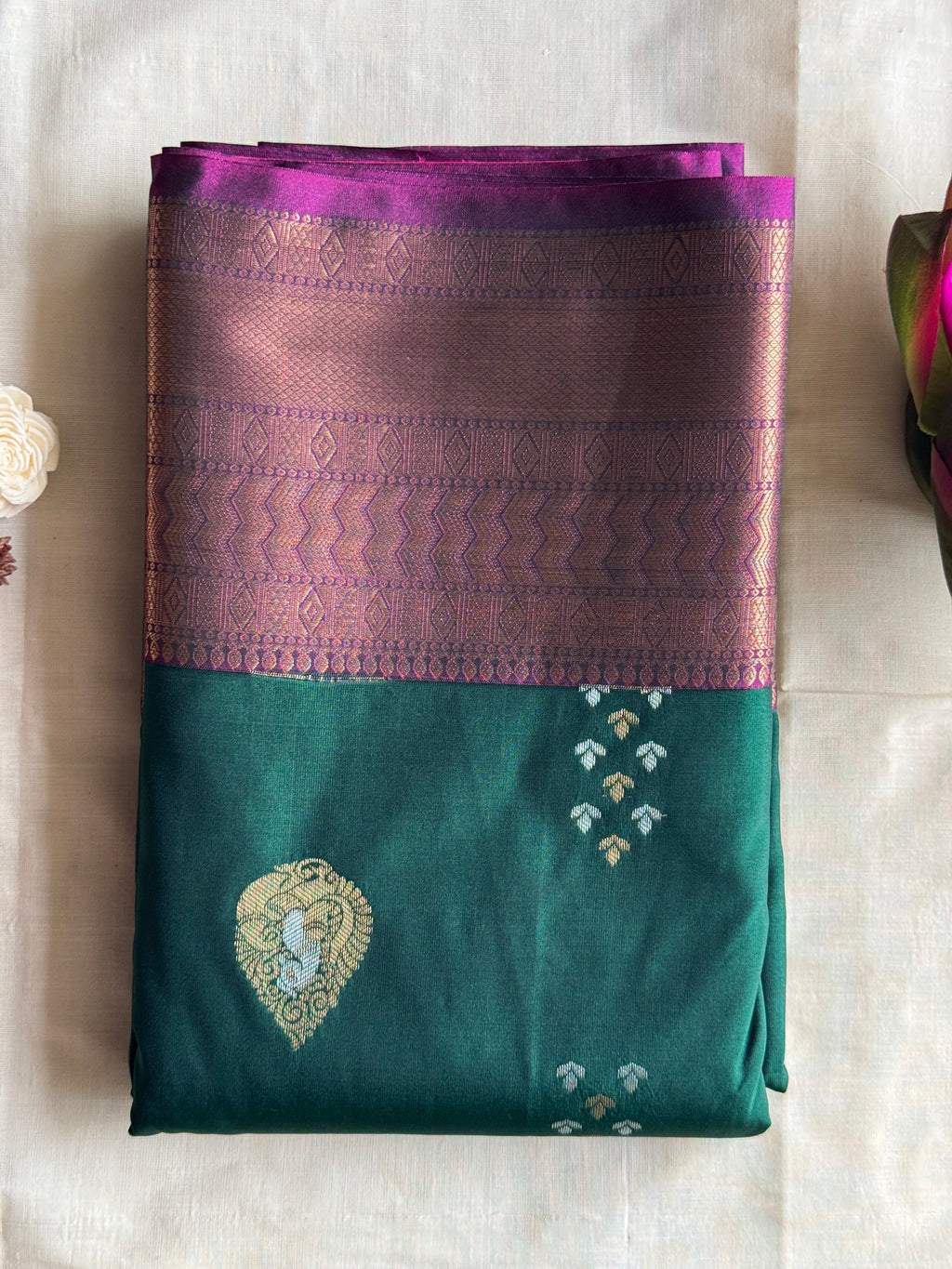 Mrinalini — Bottle Green Handloom Kanchipuram Silk Saree with Peacock Buttas & Purple Zari Border | THRIVYA