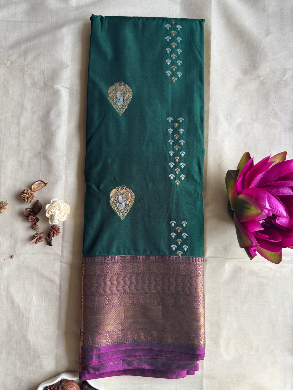 Mrinalini — Bottle Green Handloom Kanchipuram Silk Saree with Peacock Buttas & Purple Zari Border | THRIVYA