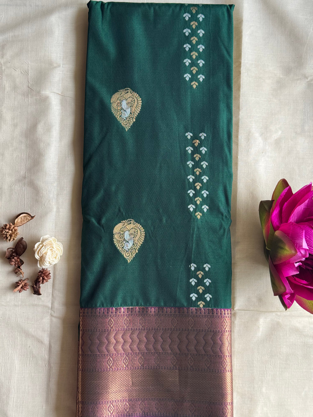 Mrinalini — Bottle Green Handloom Kanchipuram Silk Saree with Peacock Buttas & Purple Zari Border | THRIVYA