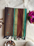 Mati — Earthy Brown Handloom Kanchi Cotton Saree with Teal Border & Multicolour Buttas | THRIVYA