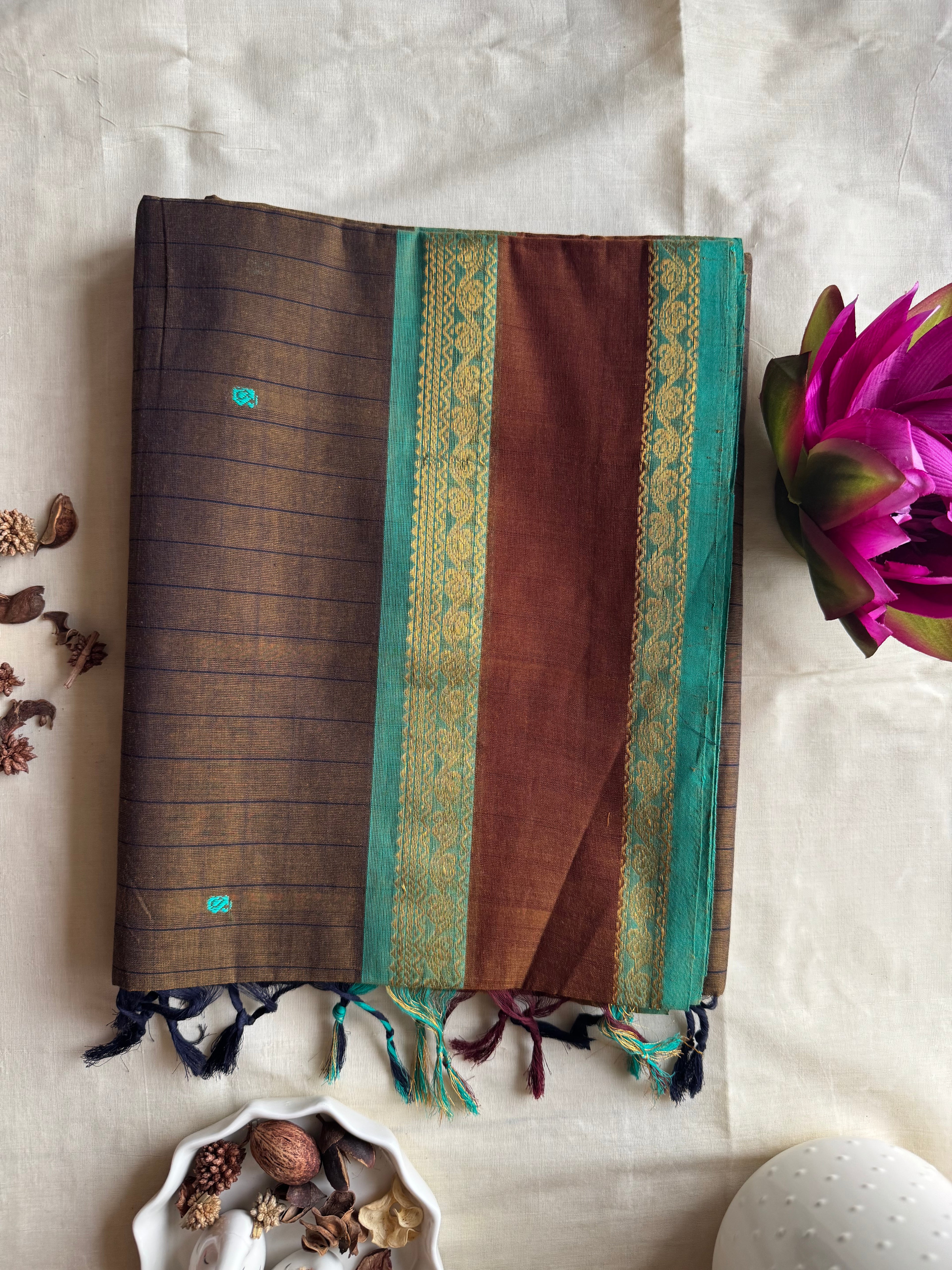 Mati — Earthy Brown Handloom Kanchi Cotton Saree with Teal Border & Multicolour Buttas | THRIVYA