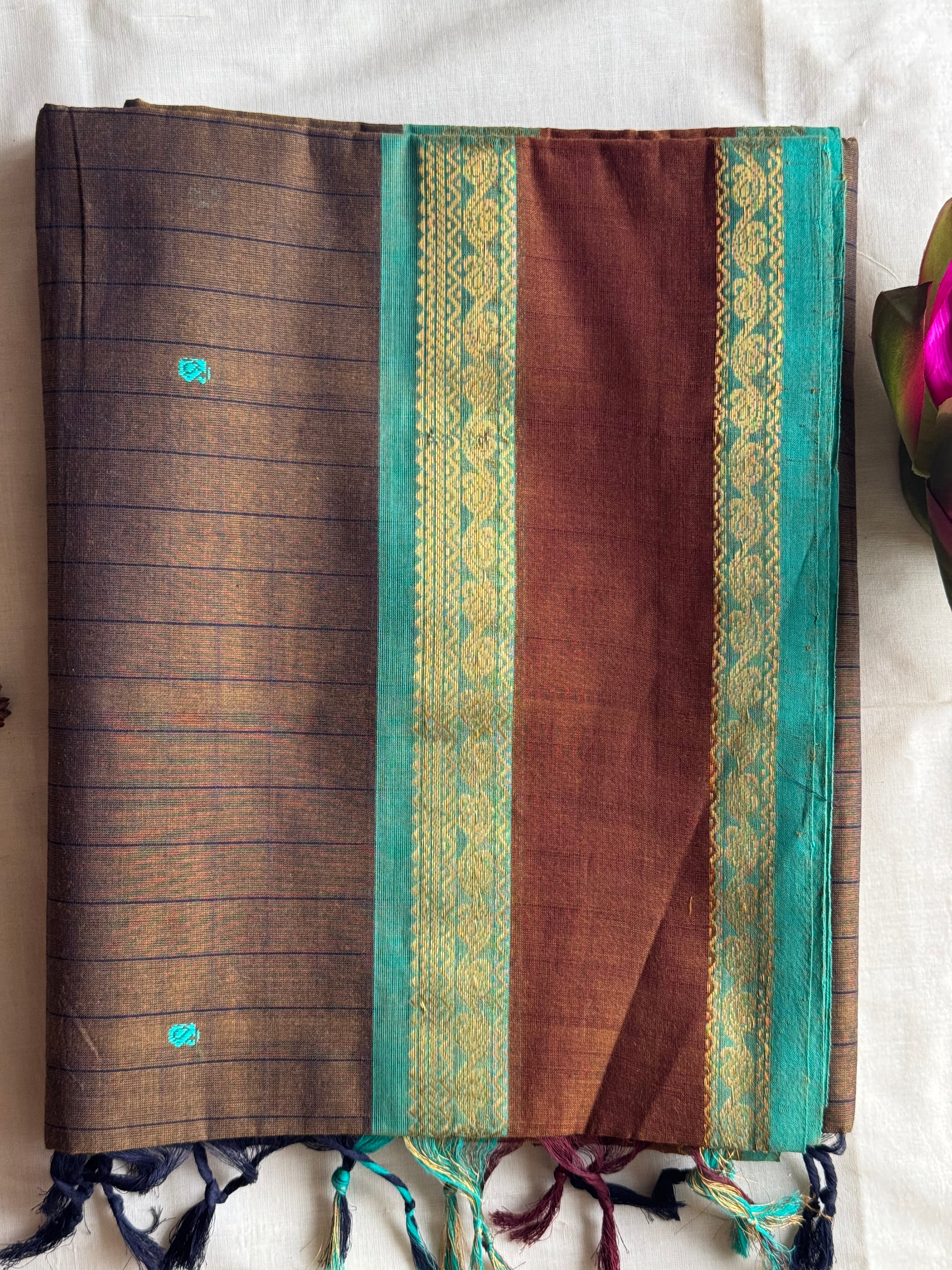 Mati — Earthy Brown Handloom Kanchi Cotton Saree with Teal Border & Multicolour Buttas | THRIVYA