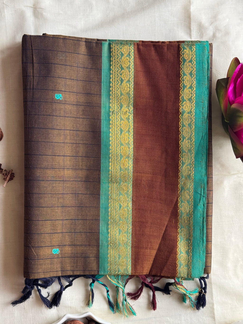 Mati — Earthy Brown Handloom Kanchi Cotton Saree with Teal Border & Multicolour Buttas | THRIVYA