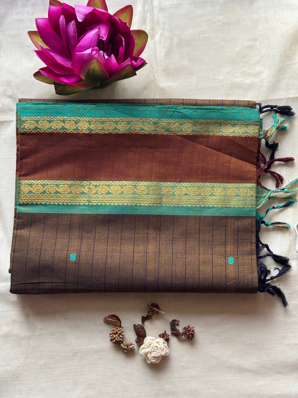 Mati — Earthy Brown Handloom Kanchi Cotton Saree with Teal Border & Multicolour Buttas | THRIVYA