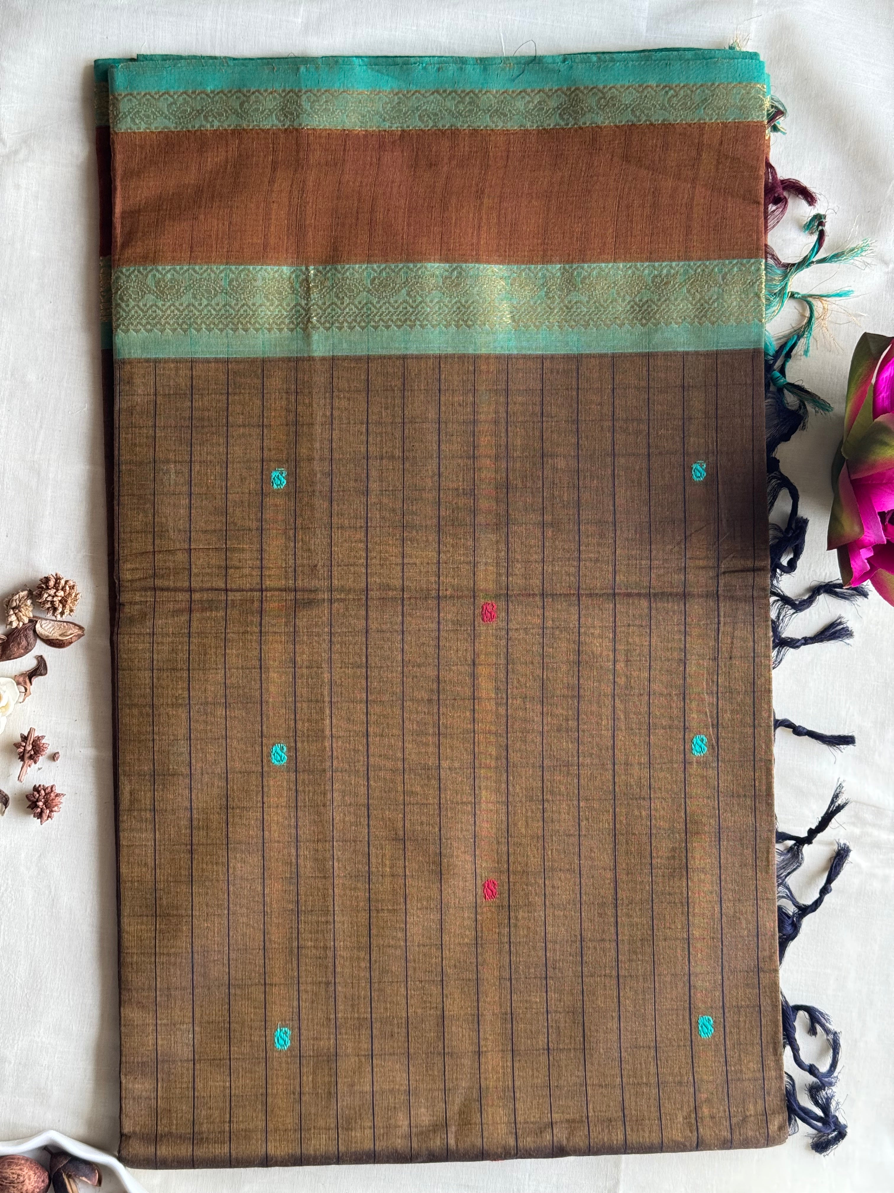 Mati — Earthy Brown Handloom Kanchi Cotton Saree with Teal Border & Multicolour Buttas | THRIVYA