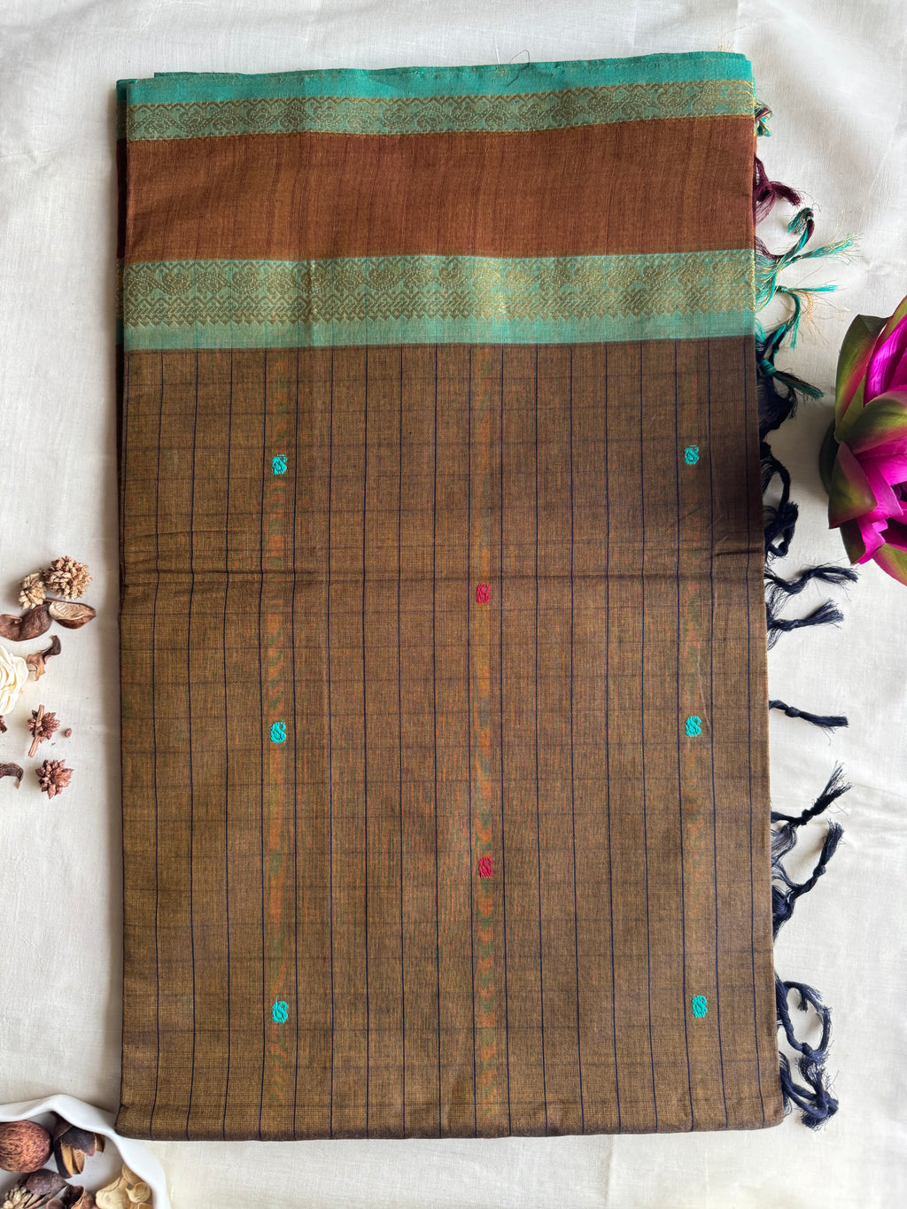 Mati — Earthy Brown Handloom Kanchi Cotton Saree with Teal Border & Multicolour Buttas | THRIVYA