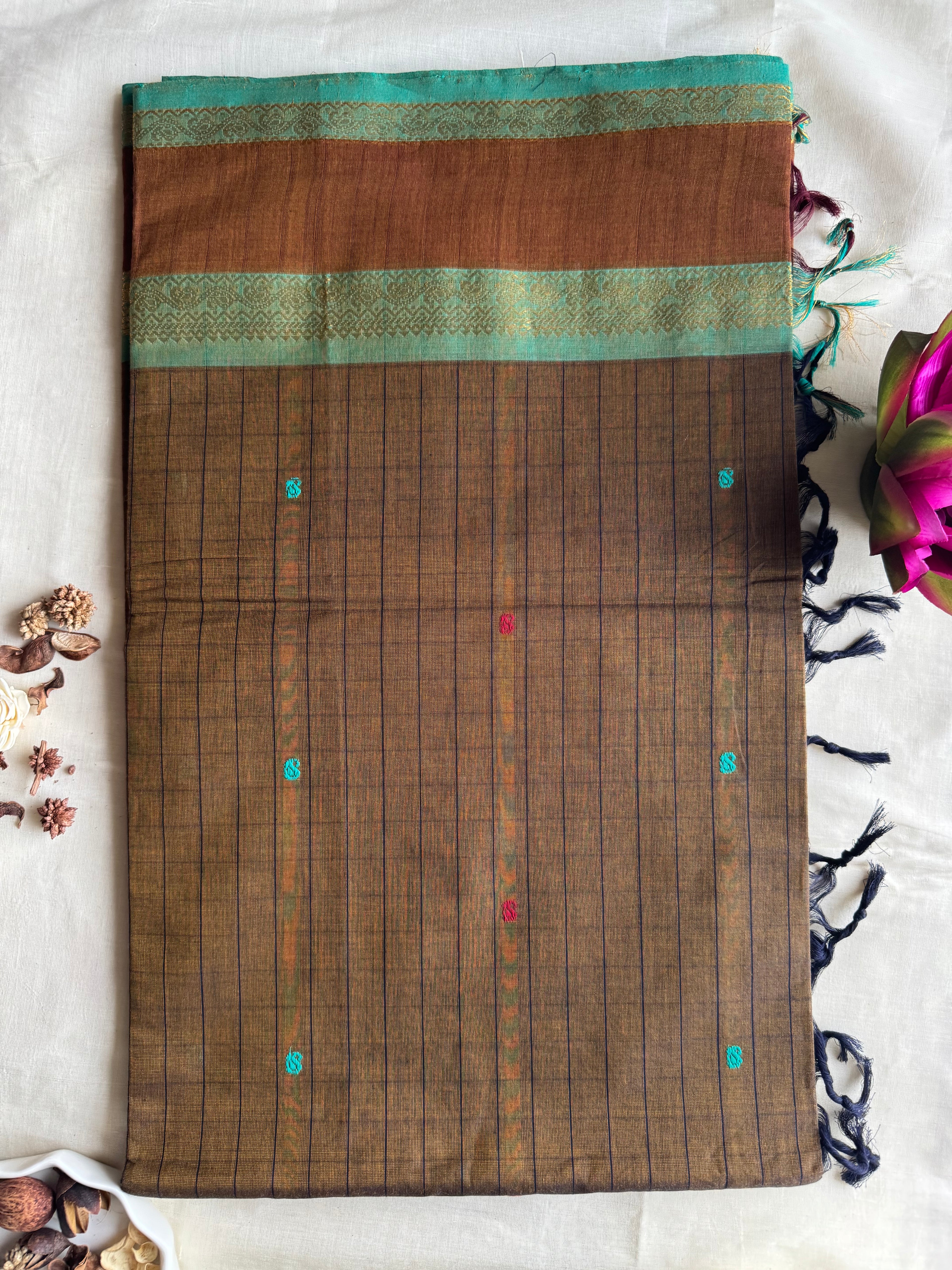 Mati — Earthy Brown Handloom Kanchi Cotton Saree with Teal Border & Multicolour Buttas | THRIVYA