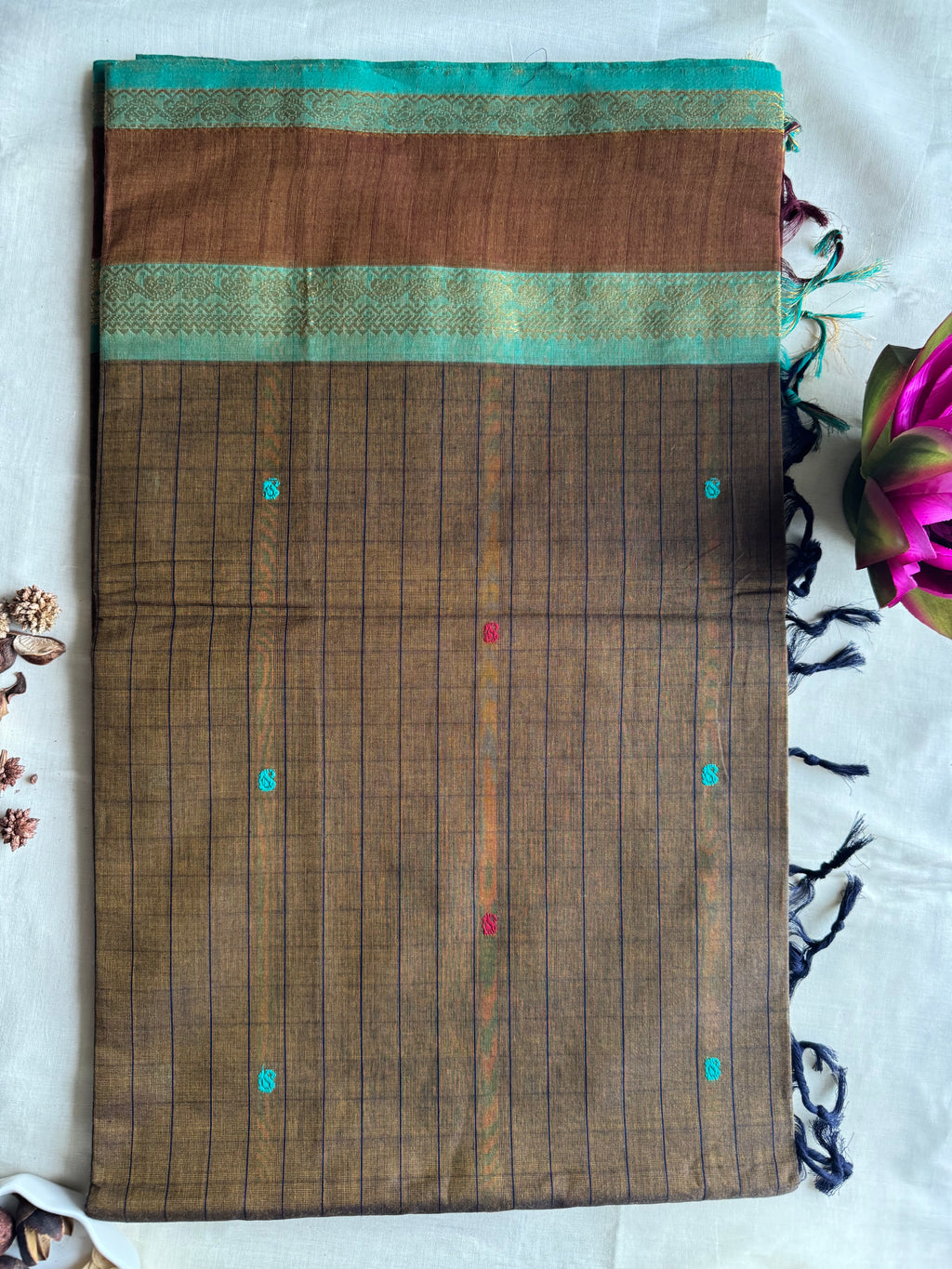 Mati — Earthy Brown Handloom Kanchi Cotton Saree with Teal Border & Multicolour Buttas | THRIVYA