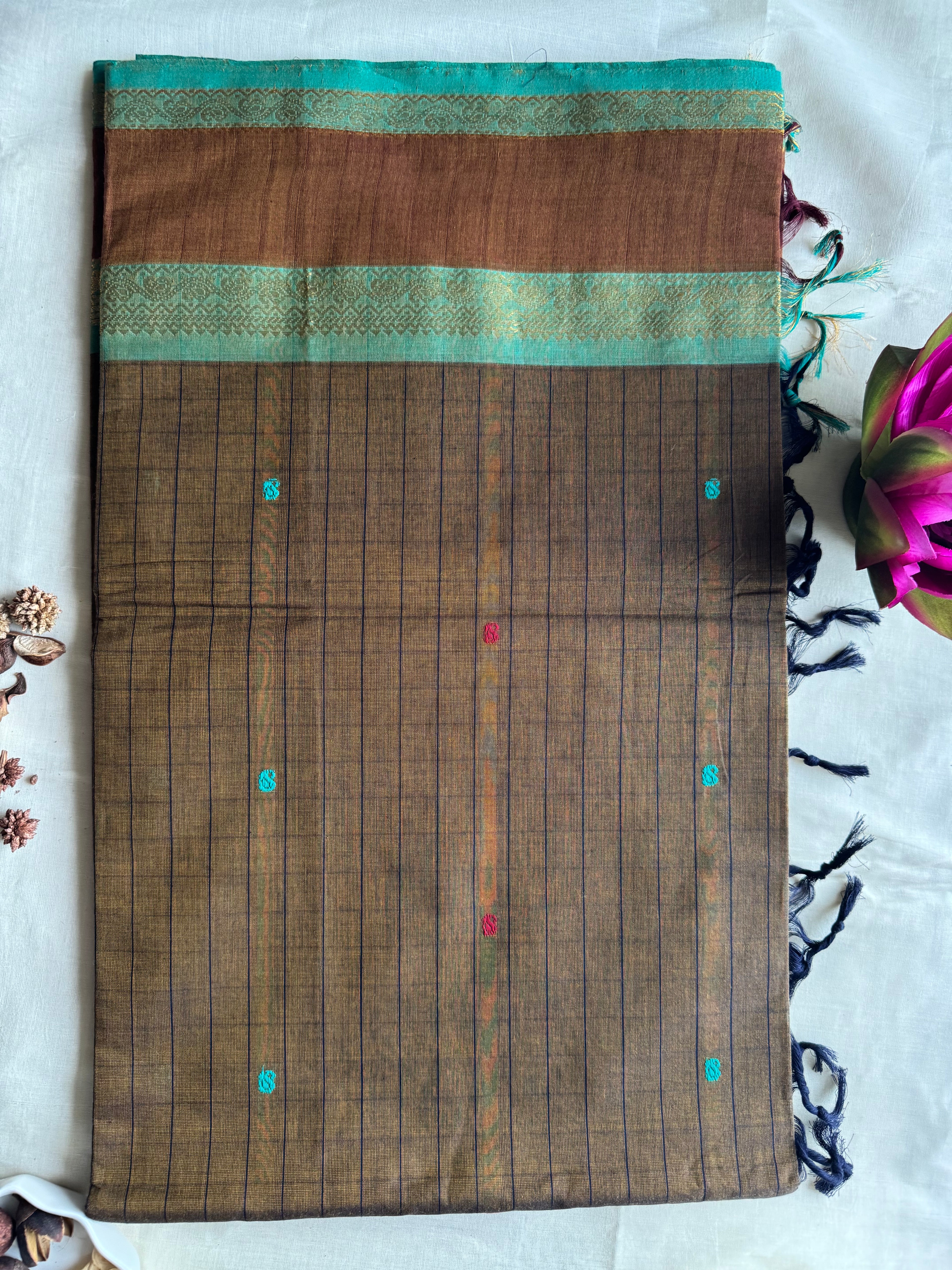 Mati — Earthy Brown Handloom Kanchi Cotton Saree with Teal Border & Multicolour Buttas | THRIVYA