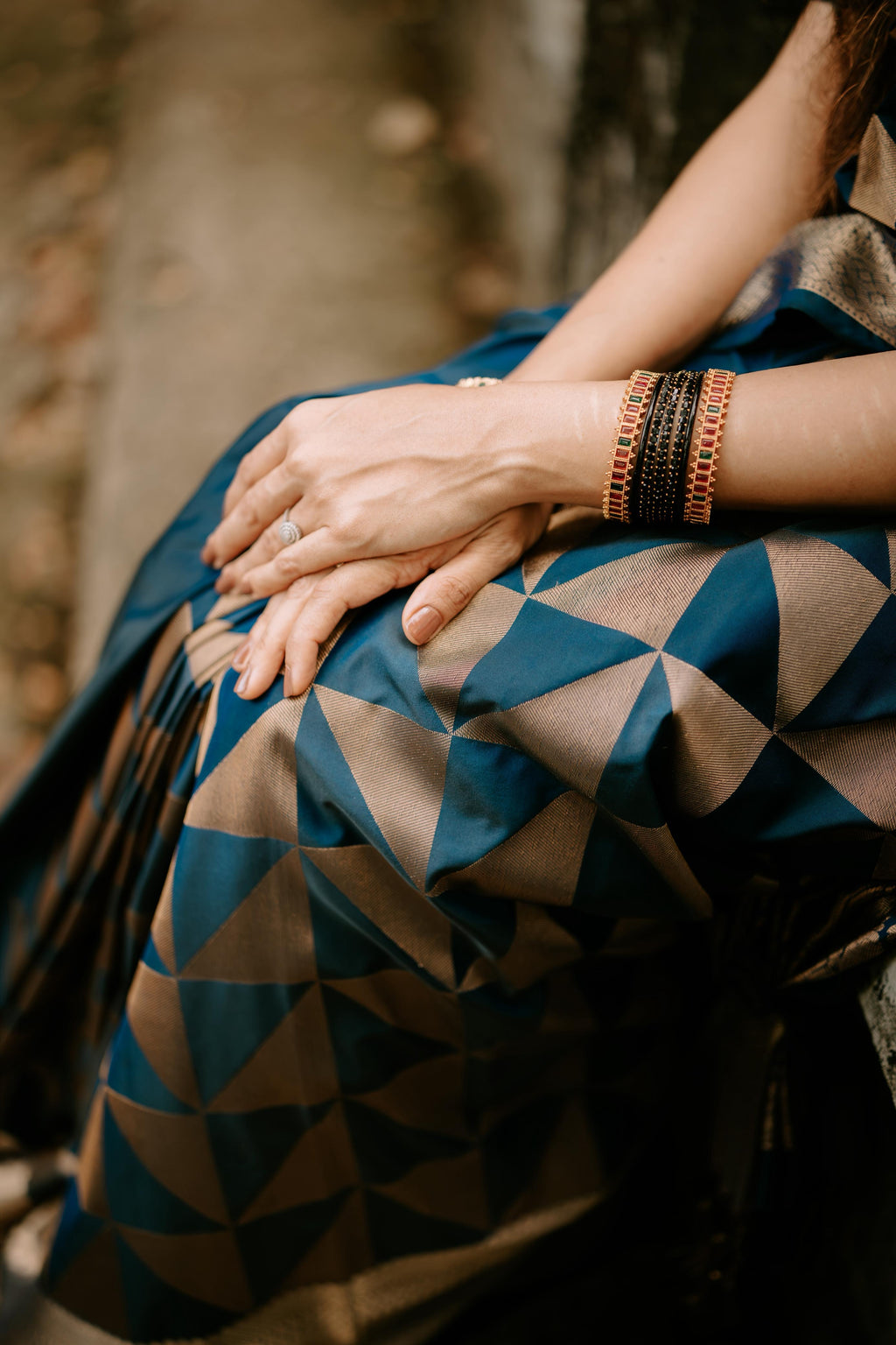 Tara — Royal Blue Handloom Kanchipuram  Silk Saree with Geometric Triangle Weave  & Silver Zari Border | THRIVYA
