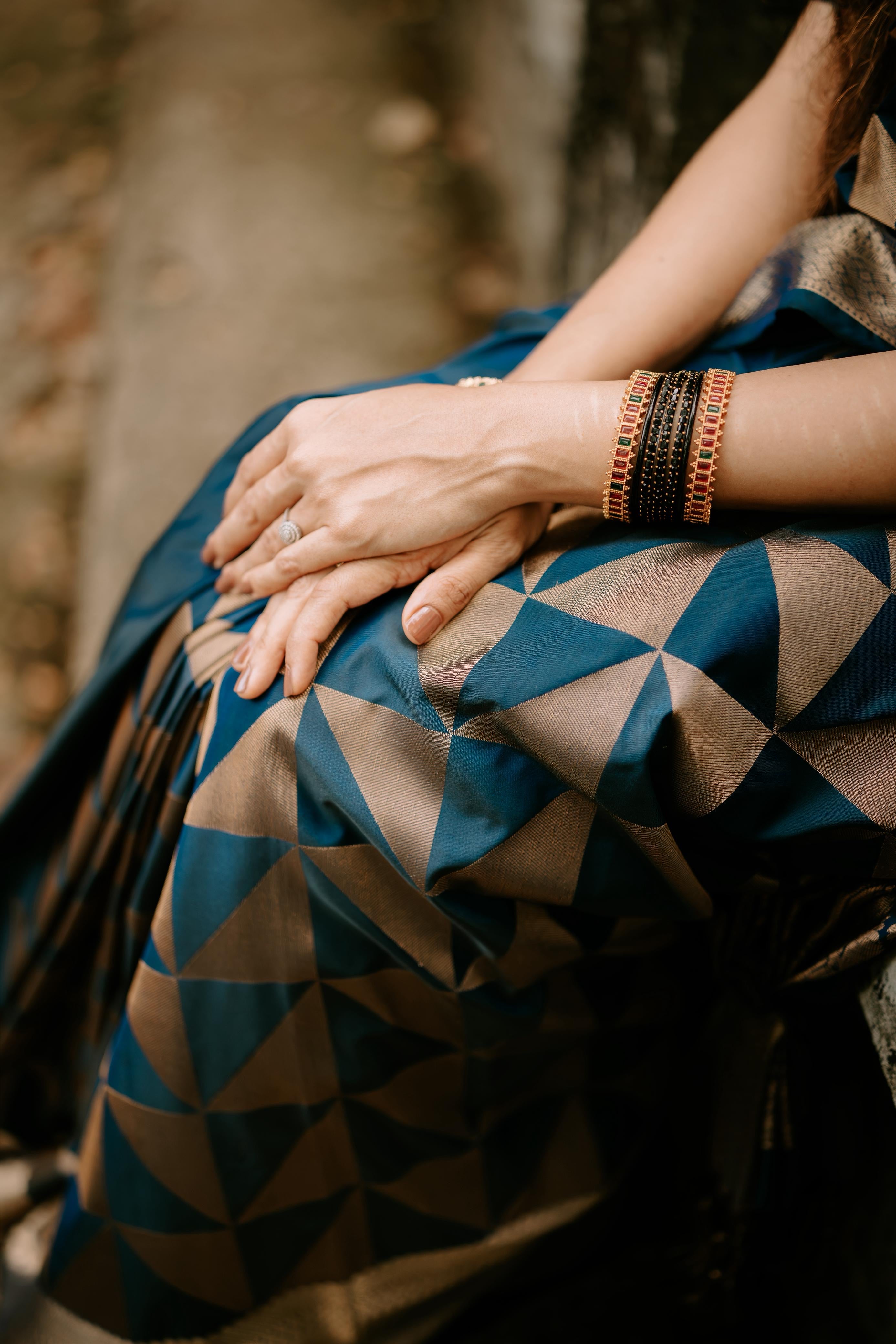 Tara — Royal Blue Handloom Kanchipuram  Silk Saree with Geometric Triangle Weave  & Silver Zari Border | THRIVYA